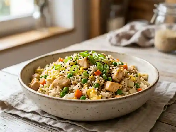 Riz cantonais au poulet doré et fondant - Photo de présentation