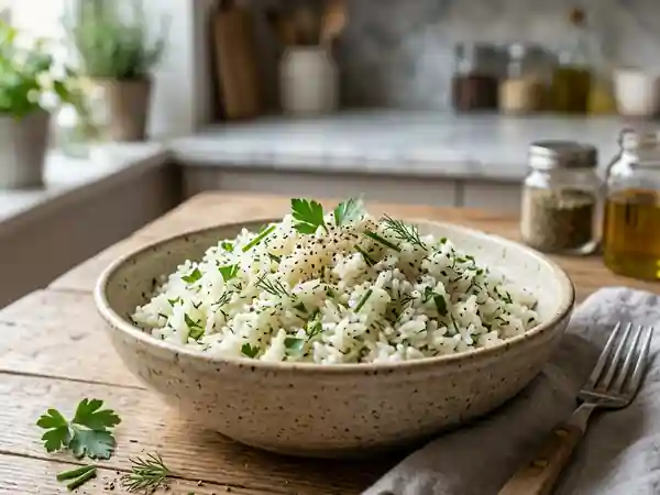 Riz fondant au beurre et herbes fraîches - Photo de présentation