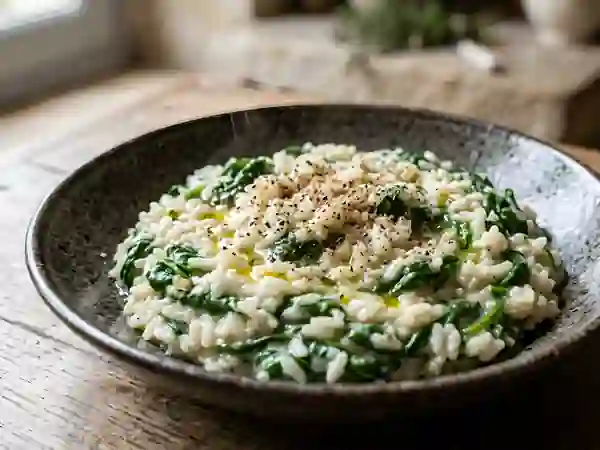 Riz fondant aux épinards et crème muscadée - Photo de présentation