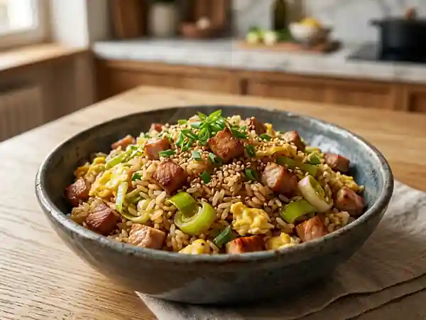 Riz sauté au porc et poireaux croquants - Photo de présentation