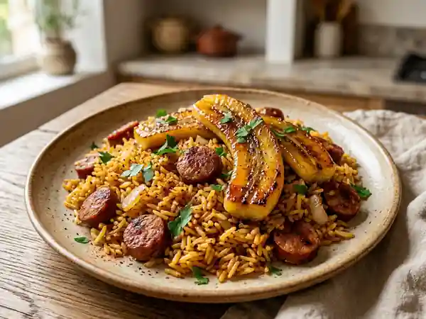 Riz grillé aux merguez et bananes caramélisées : un plat savoureux et original - Photo de présentation