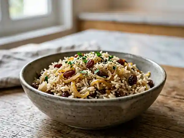 Riz pilaf fondant aux oignons et raisins secs - Photo de présentation
