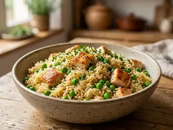 Riz pilaf au poulet tendre et petits pois - Photo de présentation