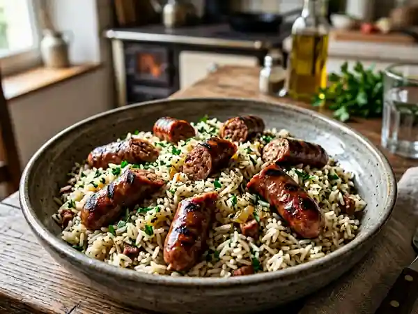 Riz pilaf fondant et merguez grillées - Photo de présentation