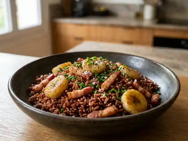 Riz rouge croquant au lard et bananes fondues - Photo de présentation
