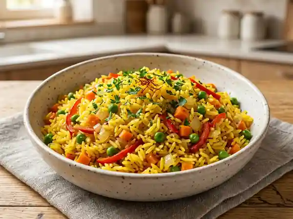 Riz basmati safrané aux légumes croquants - Photo de présentation
