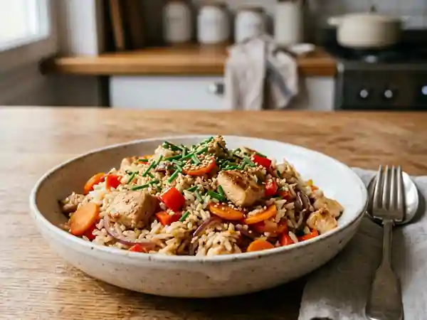 Wok de riz doré à la dinde et petits légumes - Photo de présentation