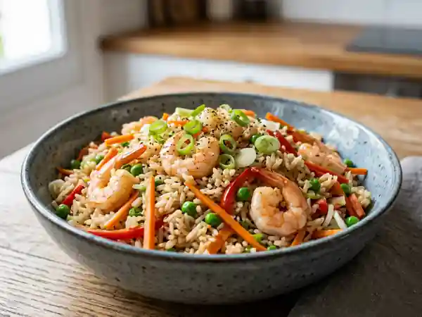 Wok de riz jasmin aux crevettes et légumes - Photo de présentation