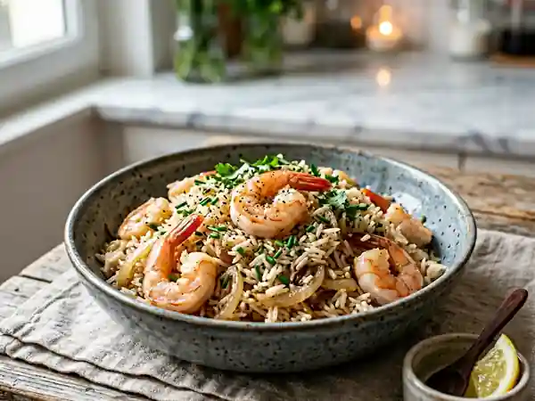 Riz sauté aux crevettes et oignons fondants - Photo de présentation