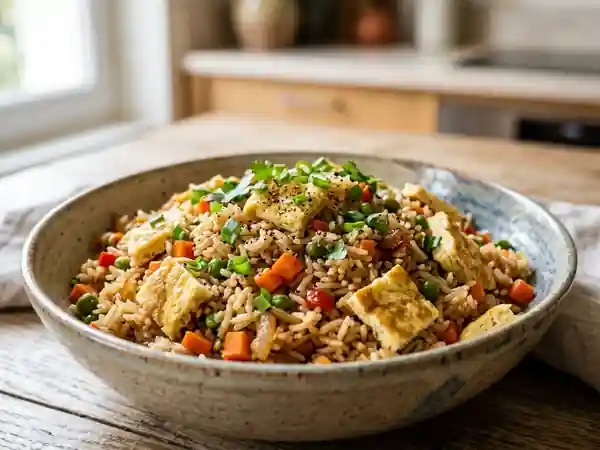 Riz sauté aux légumes croquants et omelette moelleuse - Photo de présentation