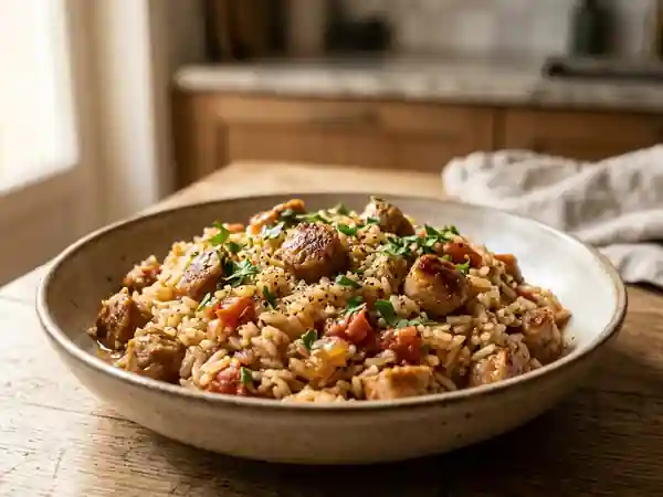 Poêlée de riz fondant à la saucisse et tomates - Photo de présentation