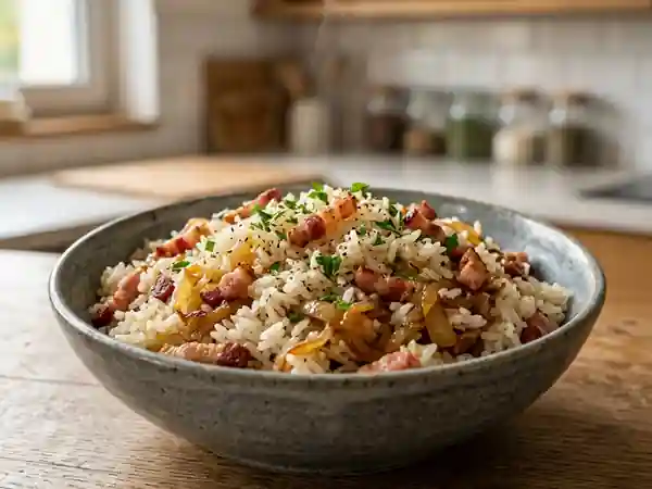 Riz sauté au lard fumé et oignons fondants - Photo de présentation