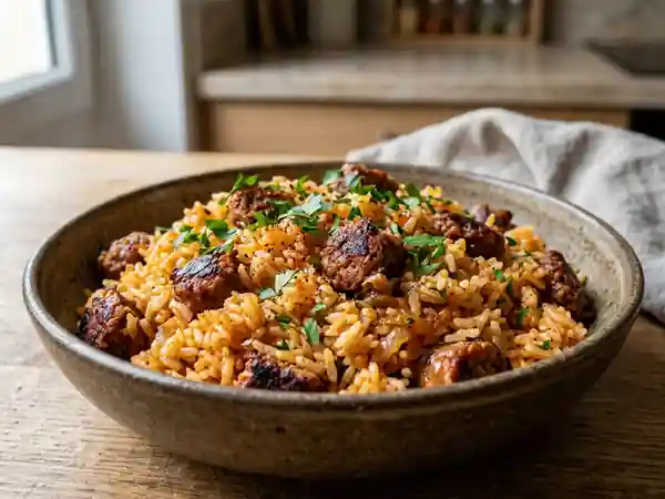 Riz fondant aux merguez épicées et paprika - Photo de présentation