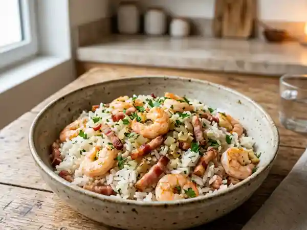Riz Sauté Terre-Mer aux Crevettes et Lardons - Photo de présentation