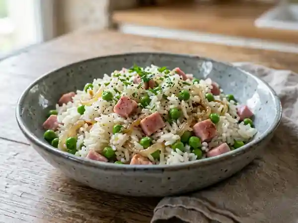Riz sauté aux petits pois et jambon fondant - Photo de présentation