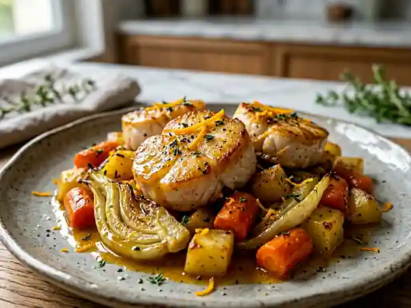 Rôti de lotte aux légumes d'hiver et sauce à l'orange - Photo de présentation