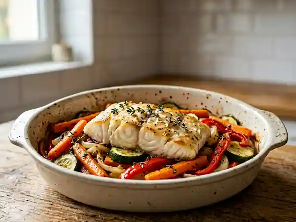 Poisson au four fondant aux légumes d'été - Photo de présentation