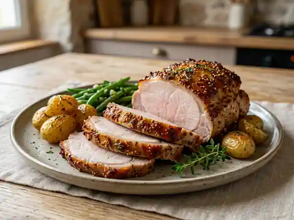 Rôti de porc juteux en croûte de moutarde - Photo de présentation
