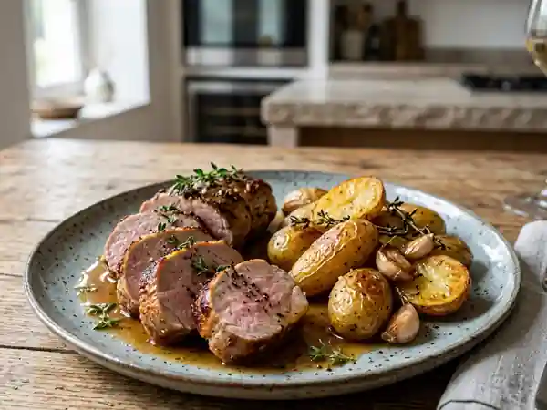 Rôti de porc juteux à l'ail et rattes fondantes - Photo de présentation