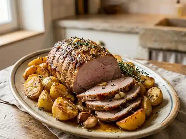 Rôti de porc confit à l'ail et pommes de terre - Photo de présentation