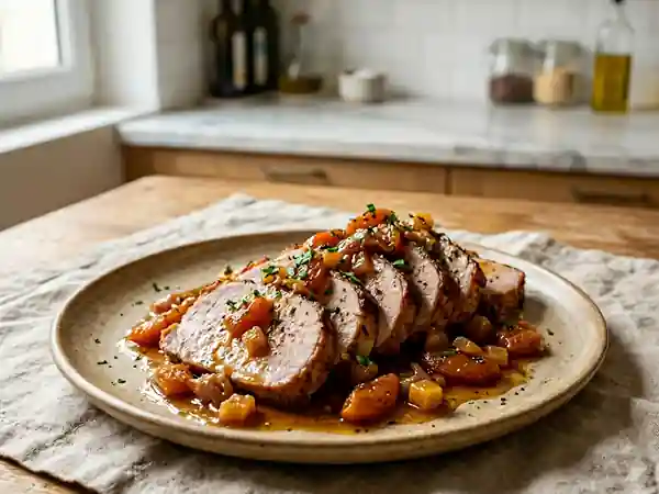 Rôti de Porc au Gingembre Confit et Abricots Secs, Saveurs Douces et Épicées - Photo de présentation