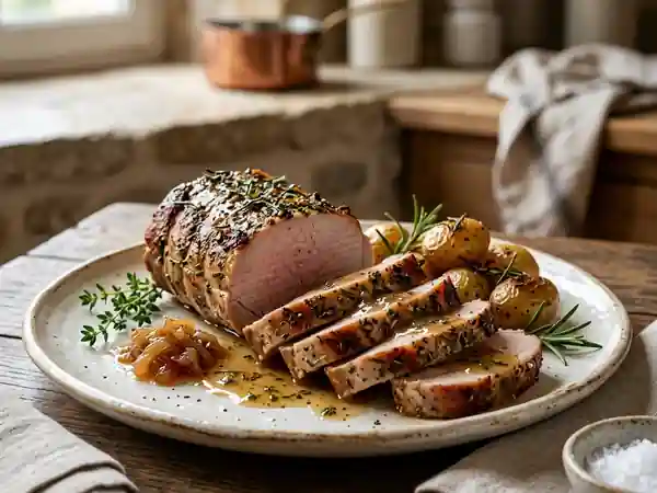 Rôti de porc juteux au thym et romarin - Photo de présentation