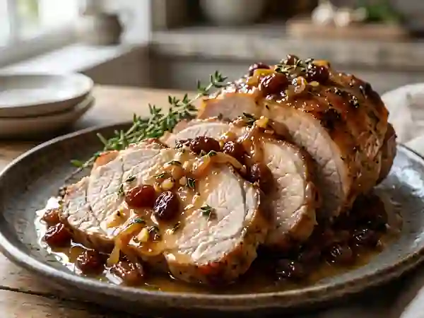 Rôti de porc caramélisé et raisins juteux - Photo de présentation