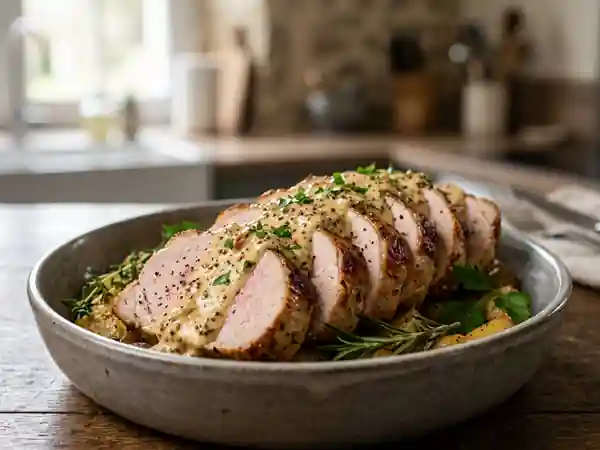 Rôti de porc tendre, sauce crème et moutarde - Photo de présentation