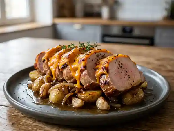 Rôti de porc fondant à la mimolette gratinée - Photo de présentation