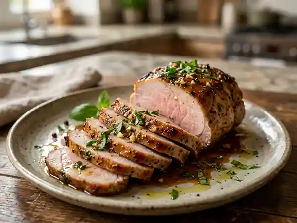 Rôti de porc fondant à l'ail et basilic frais - Photo de présentation