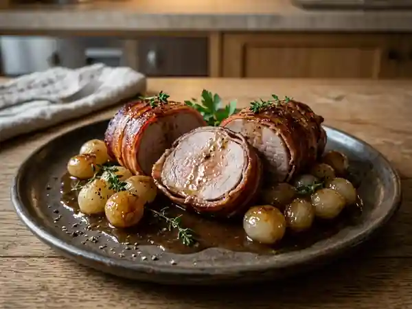 Rôti de porc lardé et oignons confits - Photo de présentation