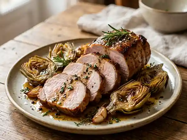 Porc juteux au romarin et artichauts confits - Photo de présentation