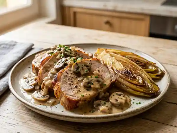 Rôti de porc fondant aux champignons et endives caramélisées - Photo de présentation
