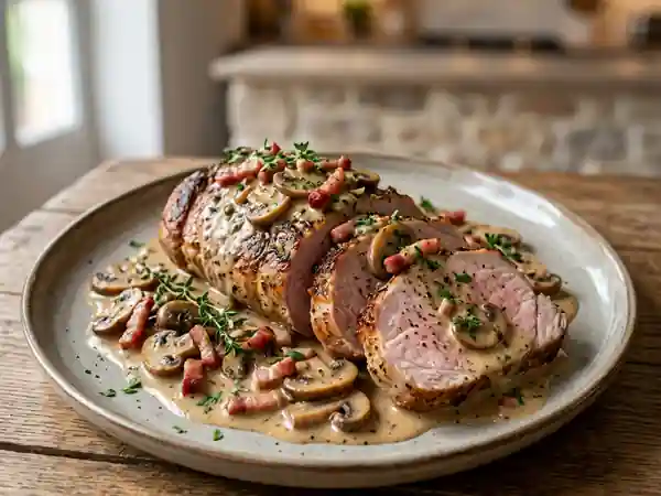 Rôti de porc fondant aux champignons et lardons croustillants - Photo de présentation