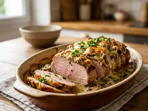 Rôti de porc fondant aux champignons gratinés - Photo de présentation