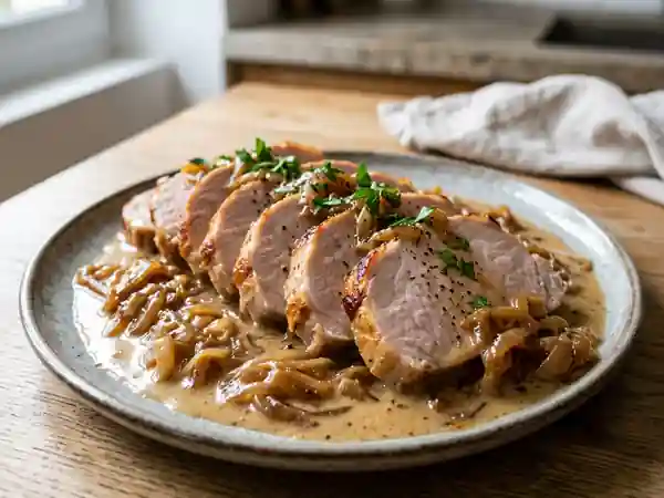 Rôti de porc fondant aux oignons caramélisés et sauce au lait - Photo de présentation