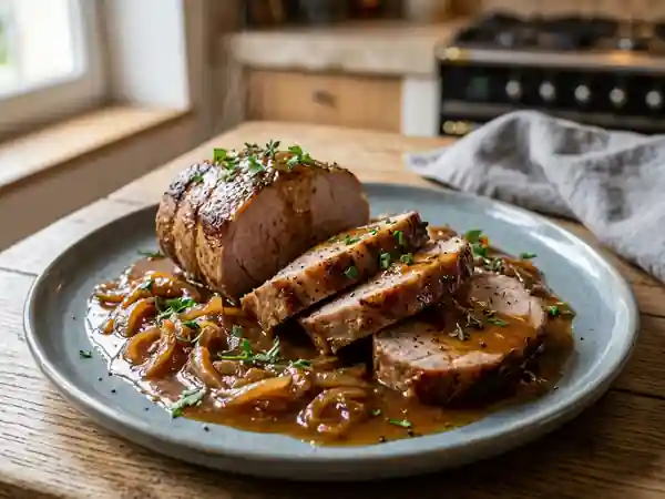 Rôti de Porc Fondant aux Oignons Caramélisés et Sauce Madère - Photo de présentation