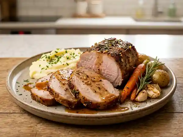 Rôti de porc juteux au romarin et à l'ail - Photo de présentation