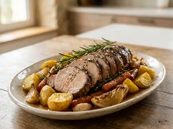 Rôti de porc juteux au romarin et légumes - Photo de présentation