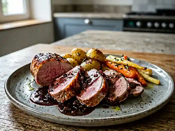 Rôti de porc fondant, sauce venaison corsée - Photo de présentation