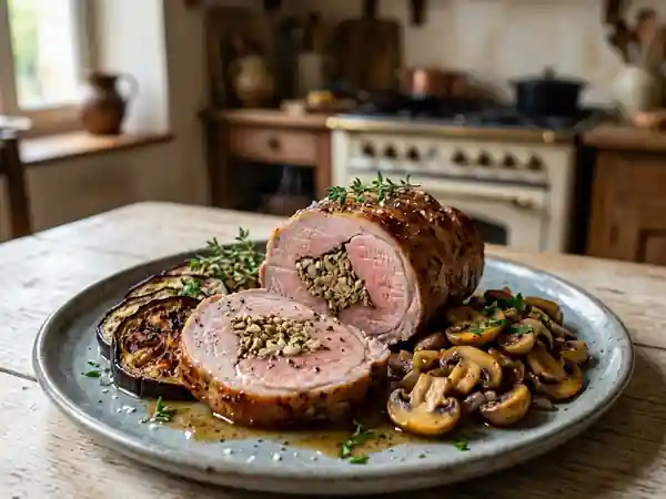 Rôti de veau farci, aubergines et champignons - Photo de présentation