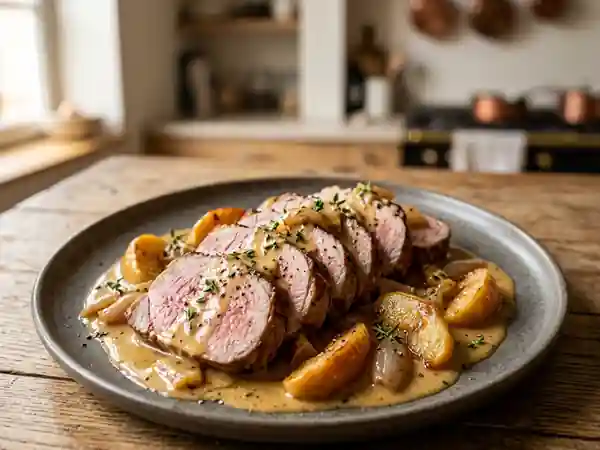 Rôti de veau fondant à la crème et pommes - Photo de présentation
