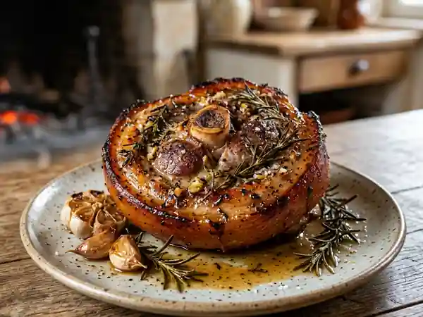 Rouelle de porc rôtie à la cheminée, recette traditionnelle savoureuse - Photo de présentation