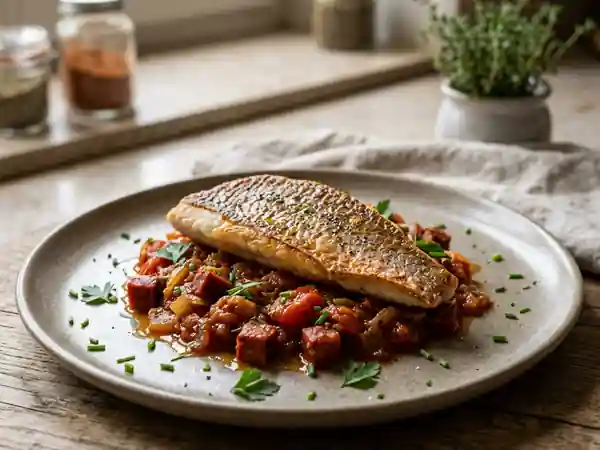 Rouget grillé accompagné de sa compote épicée de chorizo - Photo de présentation