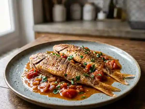 Rougets rôtis à la poêle et tomates à l'ail - Photo de présentation