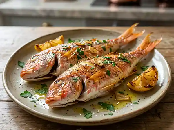 Rougets rôtis au citron et ail croustillant - Photo de présentation