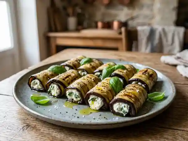 Roulade d'aubergine farcie au fromage frais et herbes - Photo de présentation
