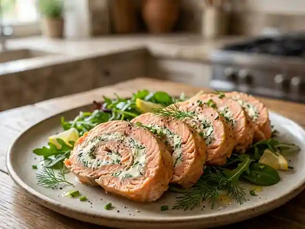 Roulé de saumon frais au fromage et herbes - Photo de présentation