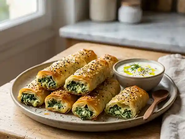Rouleaux croustillants aux épinards et fromage frais - Photo de présentation