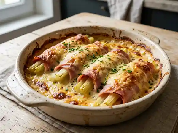 Rouleaux de cœurs de céleri gratinés au jambon savoureux - Photo de présentation